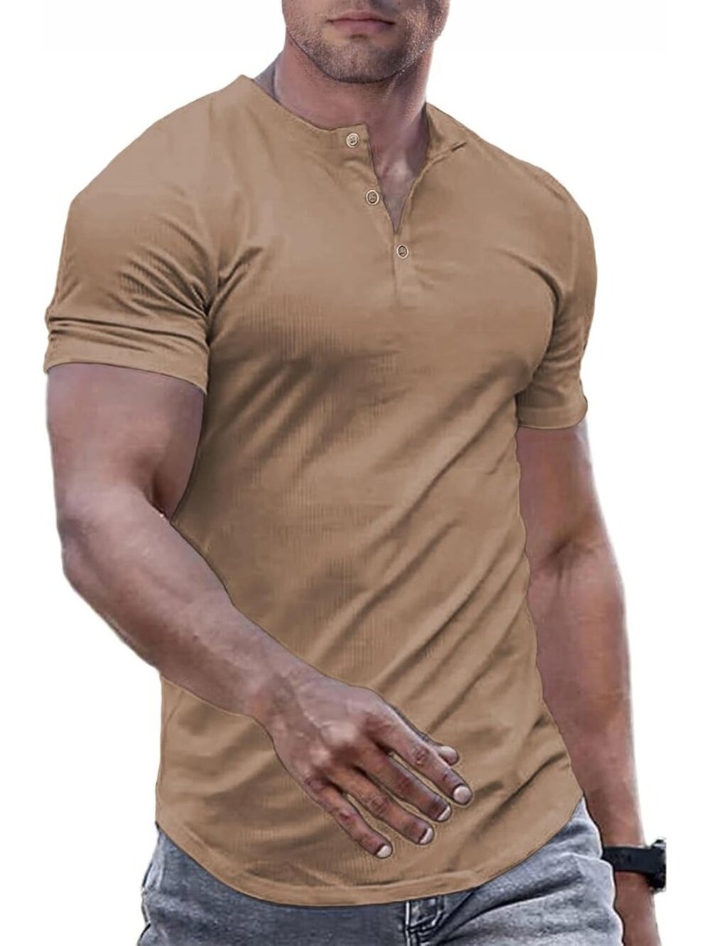 Men's Khaki Muscle Slim Henley Crewneck Longline Athletic Button Tees Shirts